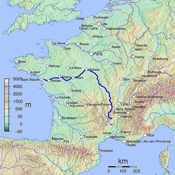 Река Луара на карте Франции